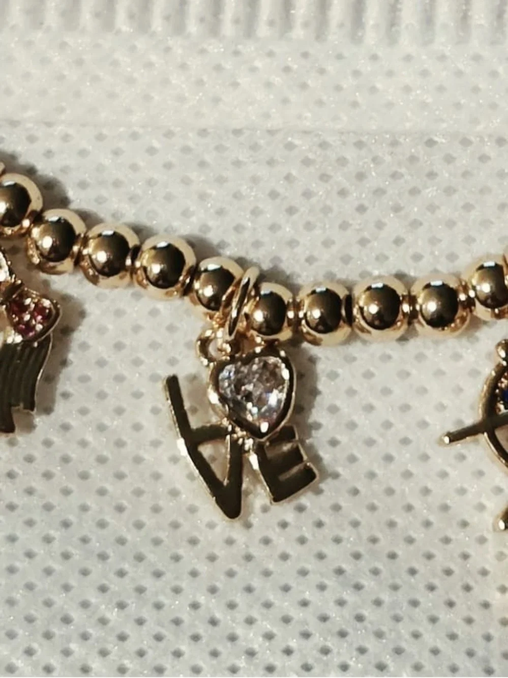 Fashion Jewelry Gold Beaded Bracelet with Girl, Boy & LOVE Charms